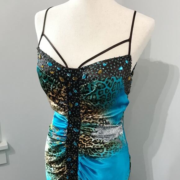 Ignite Evenings by Carol Lin Satin Gown Dress Ruched Cage Open Back Formal - Picture 5 of 16